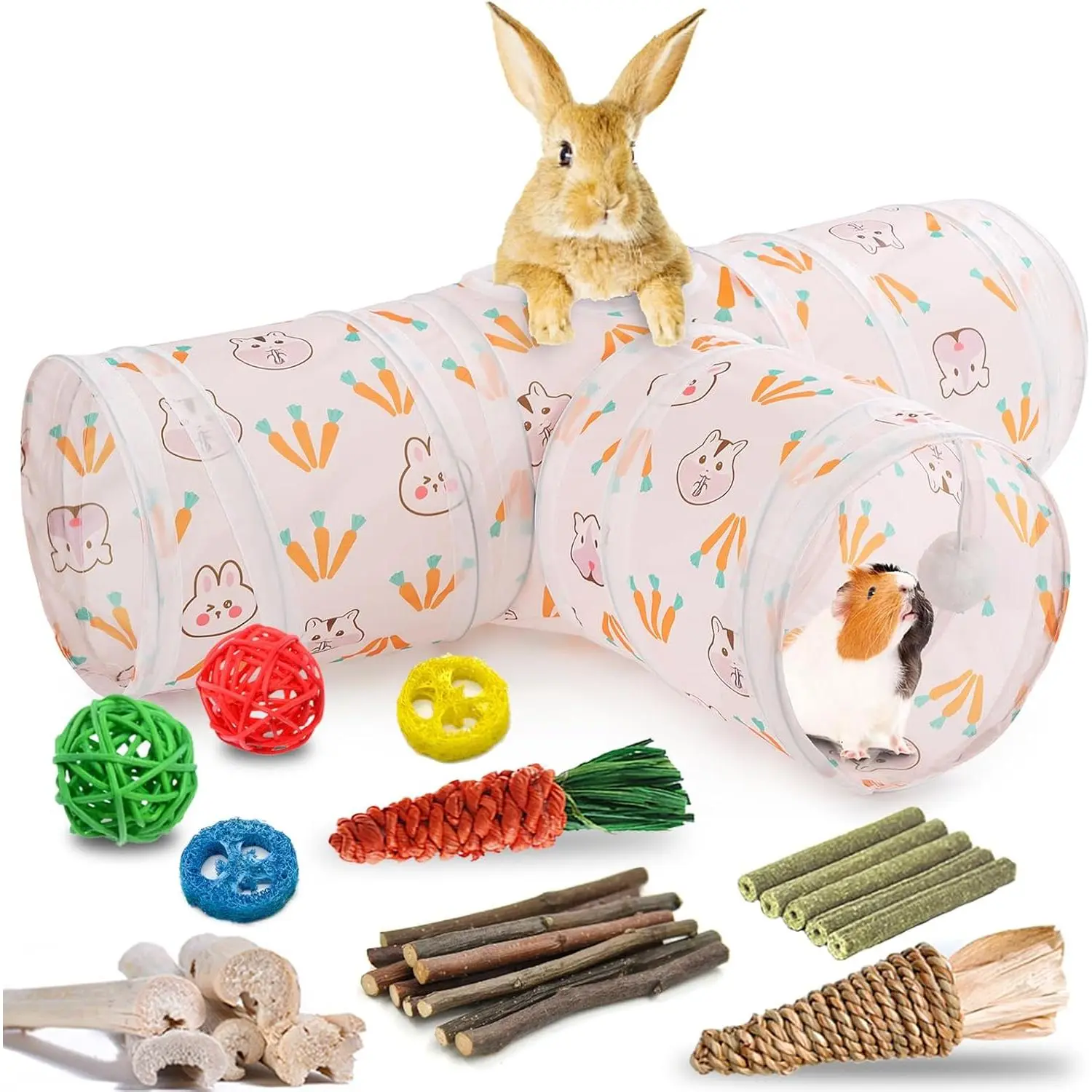 Rabbit Toys, Bunny Tunnels & Tubes, Collapsible 3 Way Rabbit Hideout Tunnel with  Toys for Bunny Guinea Pig Ferret Kitten