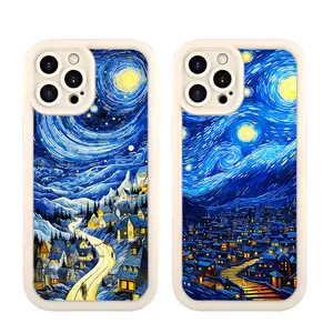 Starry Night Moon Abstract Oil Painting Individual Chic Casing For iphone 16 15 14 13 12 11 X XS PRO PLUS MAX 2020 2022 Soft Silicone TPU White Gift Shockproof Protection Anti-Drop Protective Protector Aesthetic Phone Cases Shell Cover