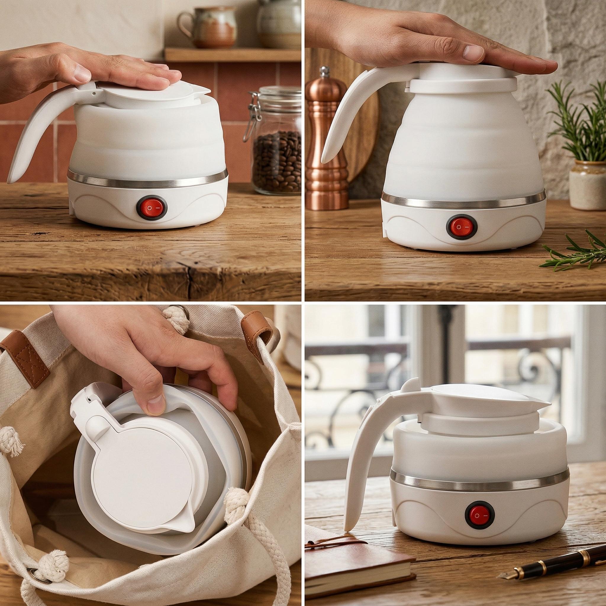 UpdateClassic 0.6L Portable Foldable Electric Kettle Compact Travel Hot Water Boiler for Coffee Tea White Lightweight & Practical - Mug