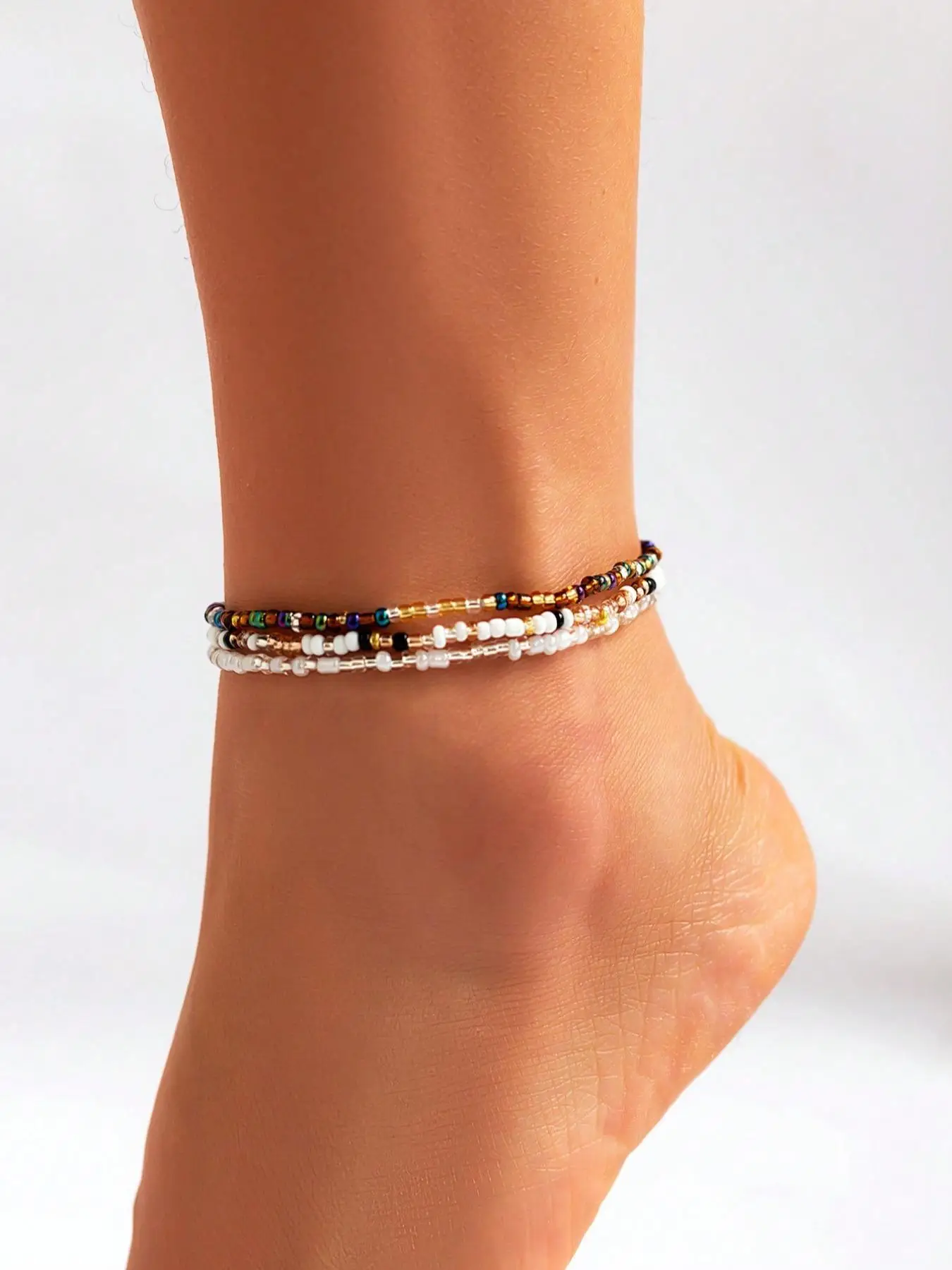 3pcs/set Boho Color Block Beaded Anklet, Fashionable Foot Jewelry For Women & Girls, Jewelry for Women