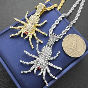 Spider Cubic Zirconia Iced Pendant & 4mm 18" 20" 24" Rope Chain Unisex Hip Hop Style Fashion Necklace Jewelry