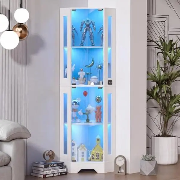 65 Inch Corner Display Cabinet with LED Lights 4 Tier, White