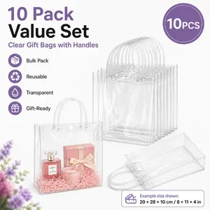 10 Pack Clear Gift Bags with Handles,Transparent Plastic Party Favor Bags Bulk, Mini Reusable PVC Tote Goodie Bag for Birthday Wedding Holidays Gifts Wrap, Bulk Reusable Bride Favor Totes for Small Business Gifts Wedding Party Favors