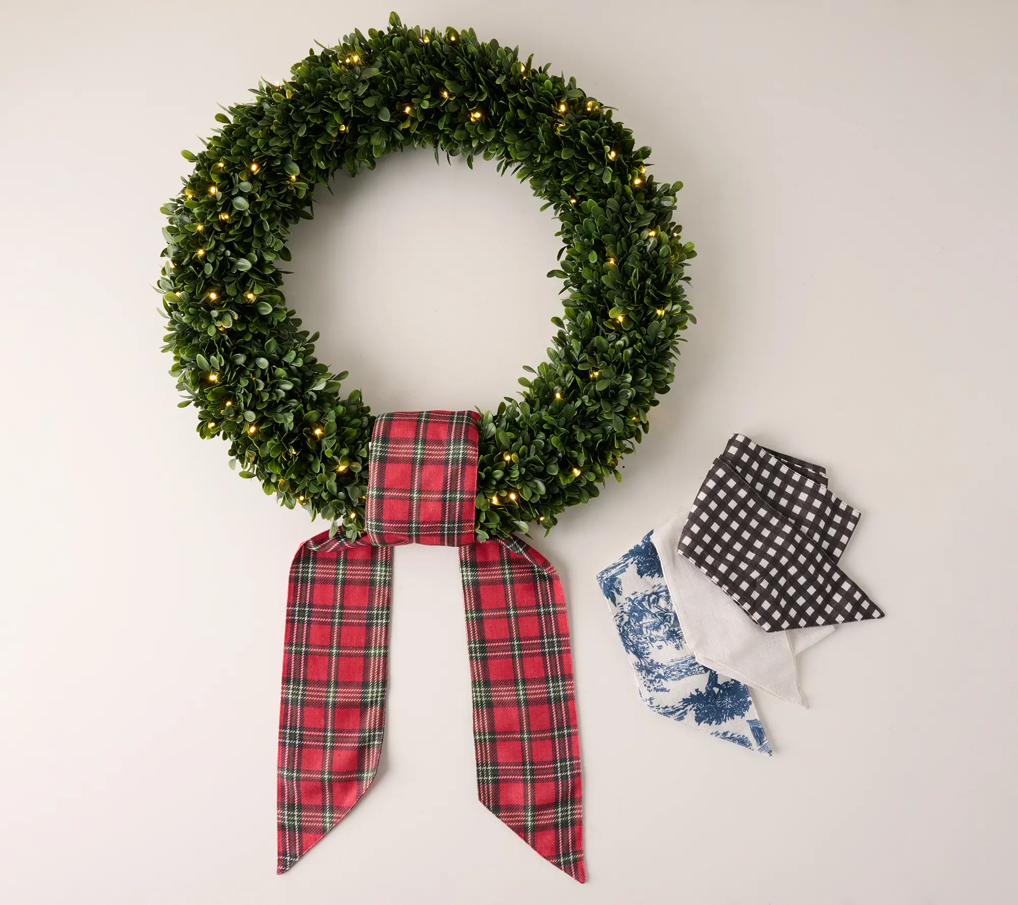 Presley Pierce 28" Illuminated Boxwood Wreath w/ 4 Sashes