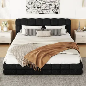 Queen Size Upholstered Platform Bed with Headboard, Wood Bed Frame with Slats, No Box Spring Needed, Berber Fleece