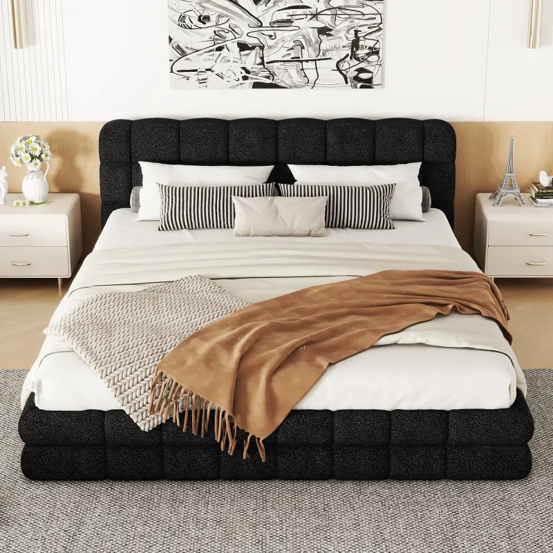 Bellemave Modern Upholstered Queen Size Bed Frame - Matte Black Jet-Black Foam Headboard, Solid Pine Wood & MDF Construction, No Box Spring Required, Bed Frames for Bedroom, Modern Upholstered Bed