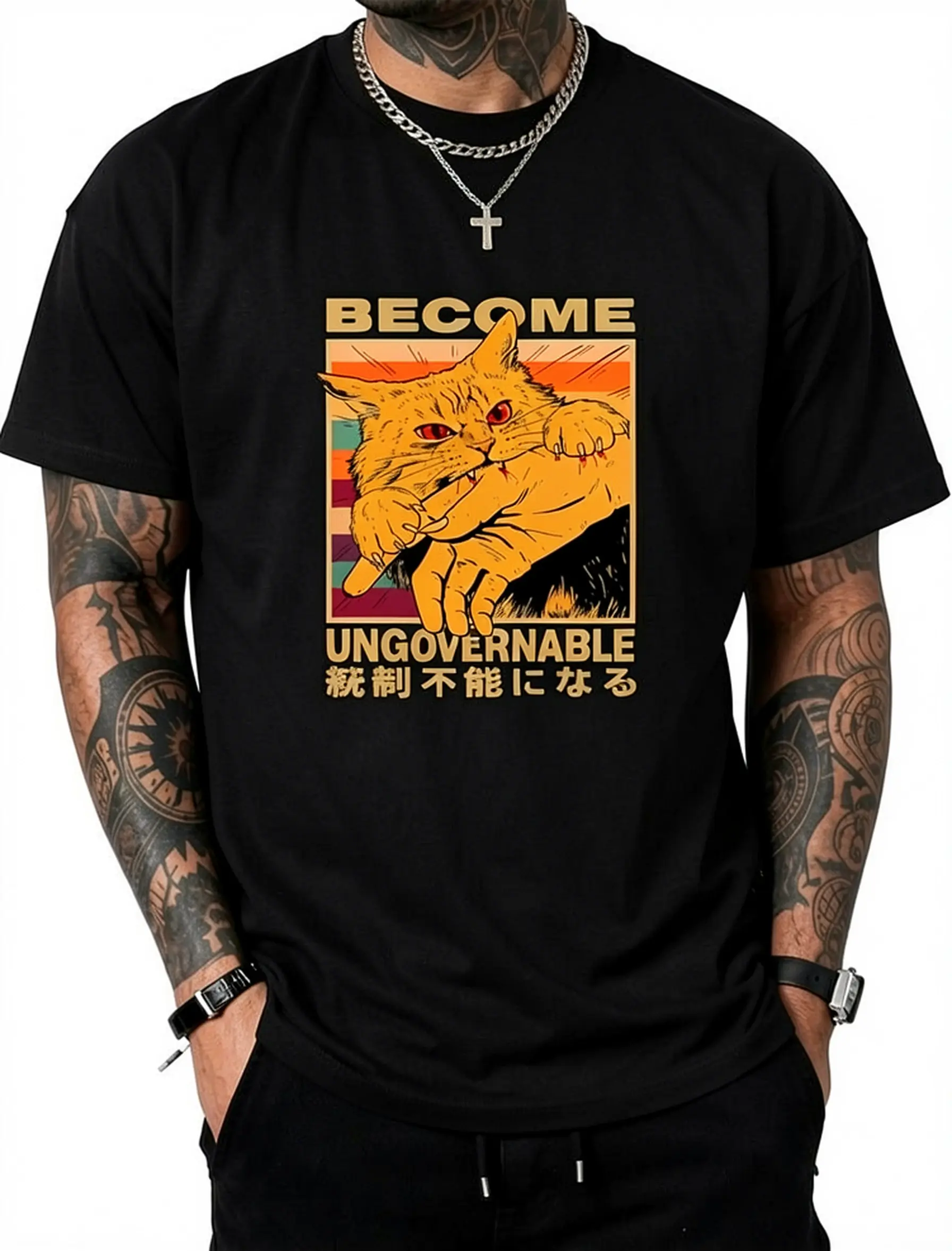 Become Ungovernable Funny Japanese Cat Bite Cat Humor Meme Men Women T-Shirt Pure Cotton Graphic Tees Menswear Top: Gifts for Men & Women, Natural, Shortsleeve