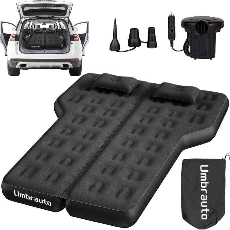 Umbrauto Heavy-Duty SUV Air Mattress w/Quick-Inflate Car Pump| Durable 2-Chamber Inflatable Van Sleeping Bed for Camping & Travel, Leakproof PVC, Flocked Top