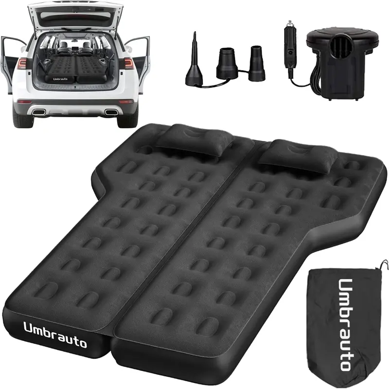 Umbrauto Heavy-Duty SUV Air Mattress w/Quick-Inflate Car Pump| Durable 2-Chamber Inflatable Van Sleeping Bed for Camping & Travel, Leakproof PVC, Flocked Top