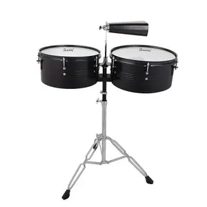Percussion 13" & 14" Timbales Drum Set with Stand and Cowbell Black