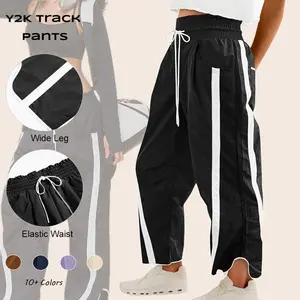 Women's Baggy Wide Leg High Rise Elastic Waist Workout Parachute Pants Beige Wideleg Casual Drawstring Y2K Track Bottom