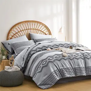 Grey Tufted Comforter Set Full Size 7 count Bed in a Bag, Shabby Chic Boho Comforter and Sheet Set, Pom Pom Textured Bed Set,  Season Soft Microfiber Complete Bedding Set(Grey,Full)