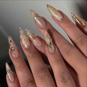Handmade Opal Luxe Press On Nails 3D Gold Gel Frames Iridescent Shell Shards Nails Gif For Her