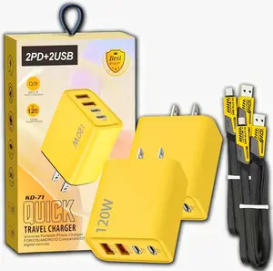 2PCS portable Fast Charger, Type C/USB A Dual Ports Adapter, 4 in 1 Fast Charging Cable & Data Sync, 120w Fast Chargers, 1.5m Flat Braided, for iPhone, Ipad, and Airpods (2pcs,Yellow)