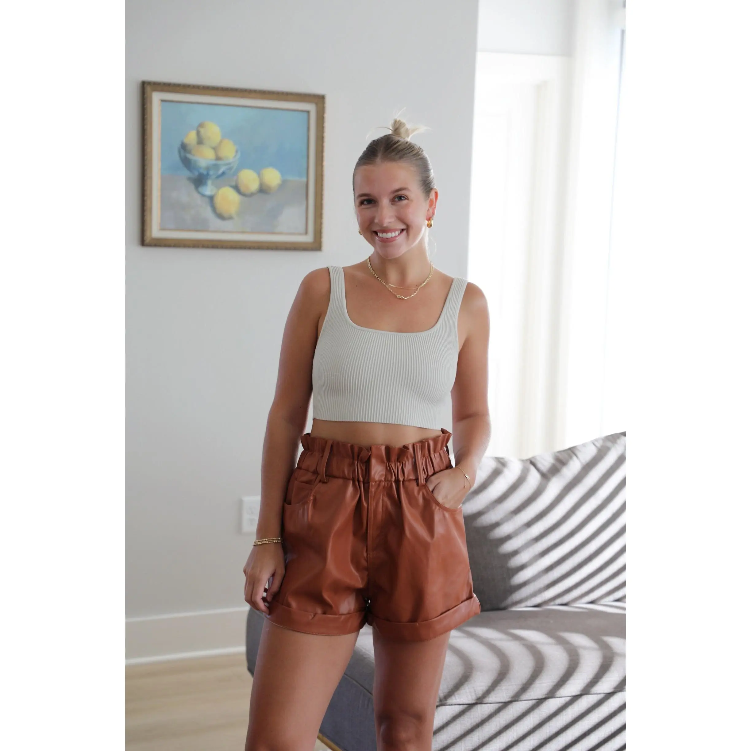 Rust Leather Paper Bag Shorts