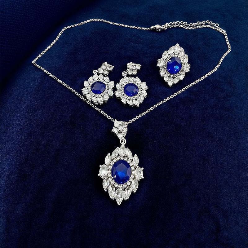 Blue Gem de UGood Jewelry Set, Rhinestone and Zicron Earrings, Necklace and Ring Amplifying your Aesthetic for Party Occasions