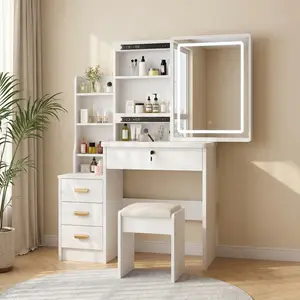 Complete Makeup Vanity Set White Finish, Sliding Hidden LED Mirror 3 Adjustable Lights, 4 Drawers Storage Shelves & Comfortable Stool for Apartment
