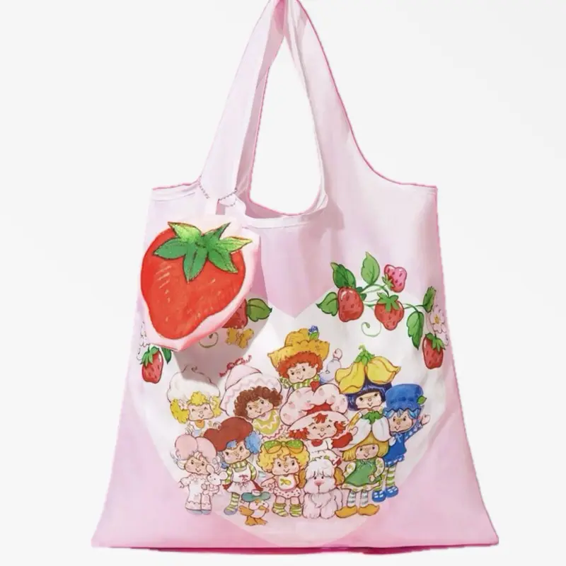 Strawberry Shortcake Strawberry Girl Foldable Polyester Tote Bag - Lightweight, Folds Into Mini Pouch, Large Daily Grocery Bag, Lovely Gift For Cartoon Enthusiasts