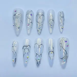 White Chrome Press-On Nails with Silver Accents – Elegant Metallic Nail Set