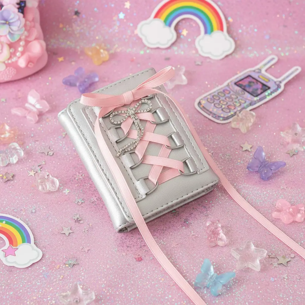 Cute Wallet Ribbon Bow Girly Goth Korean Style Photo Slots Trifold Short Coin Purse PU Leather Card Holder for Women Casual Travel Mini Purse Girl Trendy Strap-On Compact Multi-Slot Wallet Sweet Ladies Money Bag