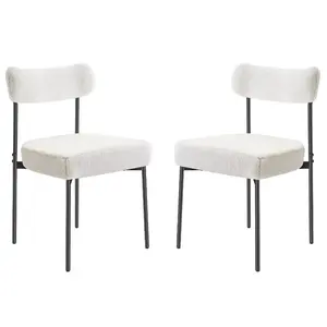 VEVOR Boucle Dining Chairs Set of 2, Mid Century Modern Sherpa Accent Chairs, Upholstered Side Chair for Dining Table, Space-Saving White Kitchen Table Chair with Curved Backrest and Black Metal Legs