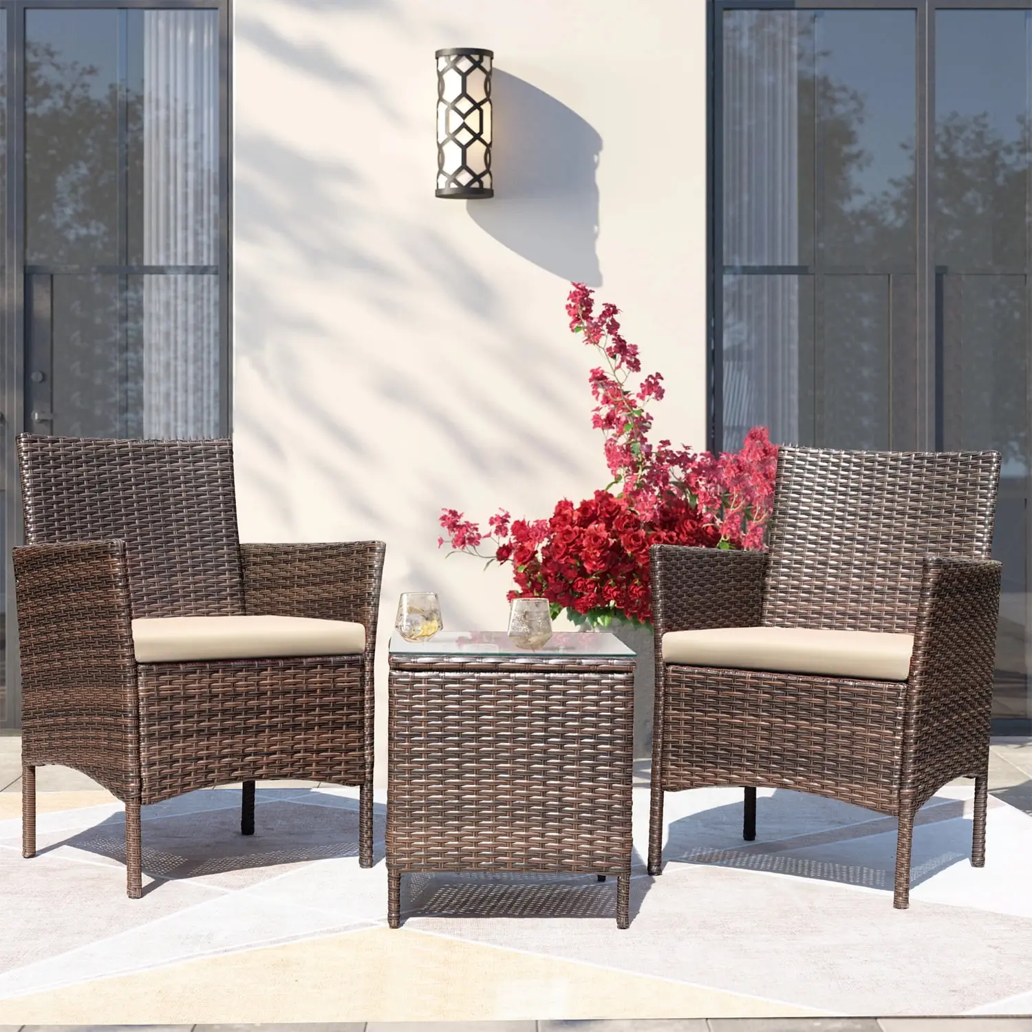 FURMAX 3 Pieces Patio Conversation Set PE Rattan Wicker Chairs Outdoor Furniture Set