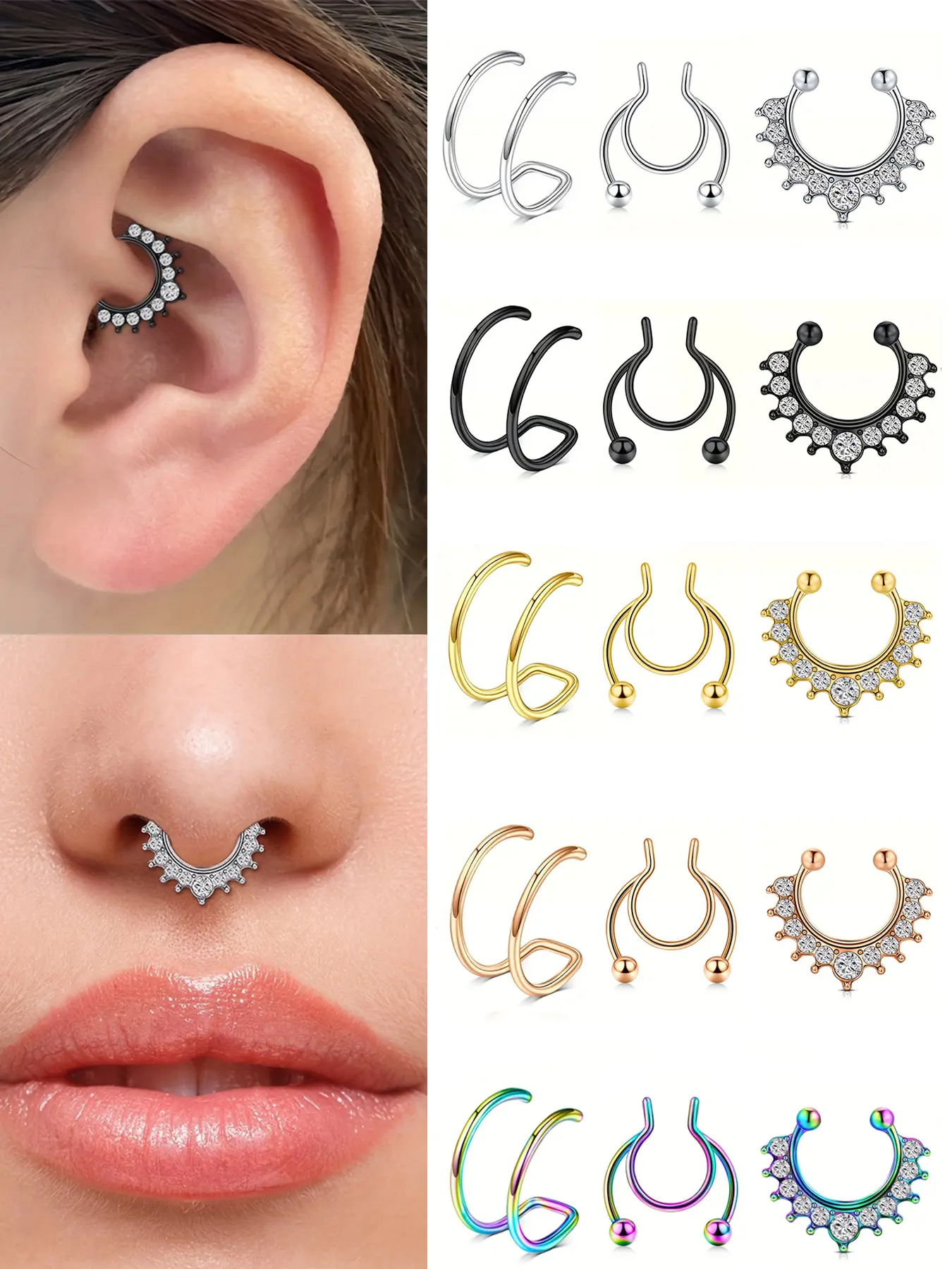 3Pcs Fake Nose Ring Nostril Nose Ring Nose Septum for Women Men Clip On Faux Nose Piercings Fake Septum Cuffs Non Piercing Jewelry Fashion Body Jewelry Accessory Lip Rings