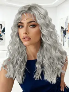 Silver Medium Long Curly Wig with Bangs - Beginner Friendly, Women'S Natural Style, High Temperature Synthetic Fiber, Synthetic Curly Wigs, Perfect for Daily Wear, Vacation, Cosplay, Weddings and Balls