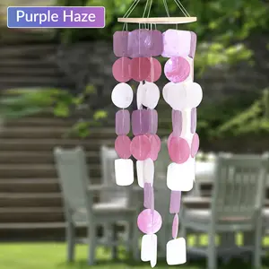 Purple Haze Capiz Wind Chime - 26-Inch Handmade Teak Wood Boho Decor with 63 Vibrant Shell Pieces, Perfect for Garden, Patio, or Gift