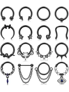 16PCS 16G Septum Rings for Women Men Silver Black Septum Jewelry Horseshoe Clicker Dangle Nose Rings Hoops Surgical Steel Helix Cartilage Hoop Earrings Tragus Daith Septum Nose Piercing Jewelry 8MM mom gifts for mothers day