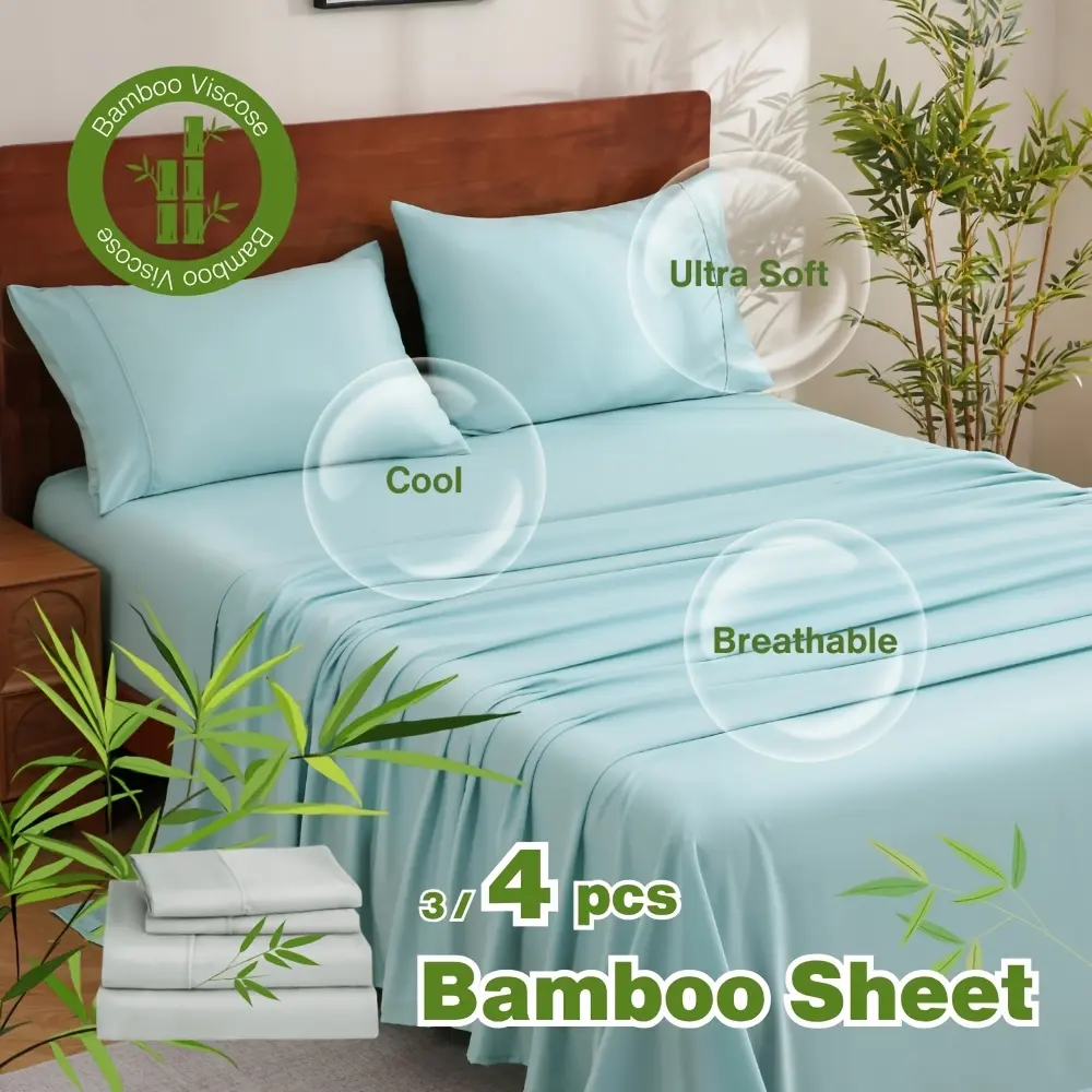 4pcs Cooling Bamboo Bed Sheet Set, 2000 TC Extra Deep Pocket 16 Inch Bed Sheet, Luxury Soft Hotel And Cooling Sheet Set for Hot Sleepers, Wrinkle And Shrink Resistant, Fitted Sheet, Flat Sheet And Pillowcases, Twin/Full/Queen/King FAST DELIVERY