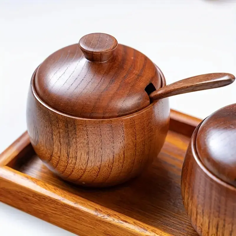 Eco-Friendly Wooden Salt Box with Spoon, Stylish Kitchen Storage Container for Spices, Spice Containers, Seasoning Containers, Kitchen Gadgets, Durable and Natural Material for Home Use, Kitchenware, Salt Holder