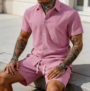 Men's Summer Solid-Color 2-Piece Short-Sleeve Turn-Down Collar Set, Crisp Cool Structured Top, Casual Drawstring Elastic Waist Shorts for Relaxed Fit