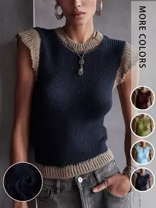 Vintage Colorblock Sleeveless Knit Vest for Women, Textured Slim Fit, Casual Daily Wear, Layering Essential, Comfortable and Stylish