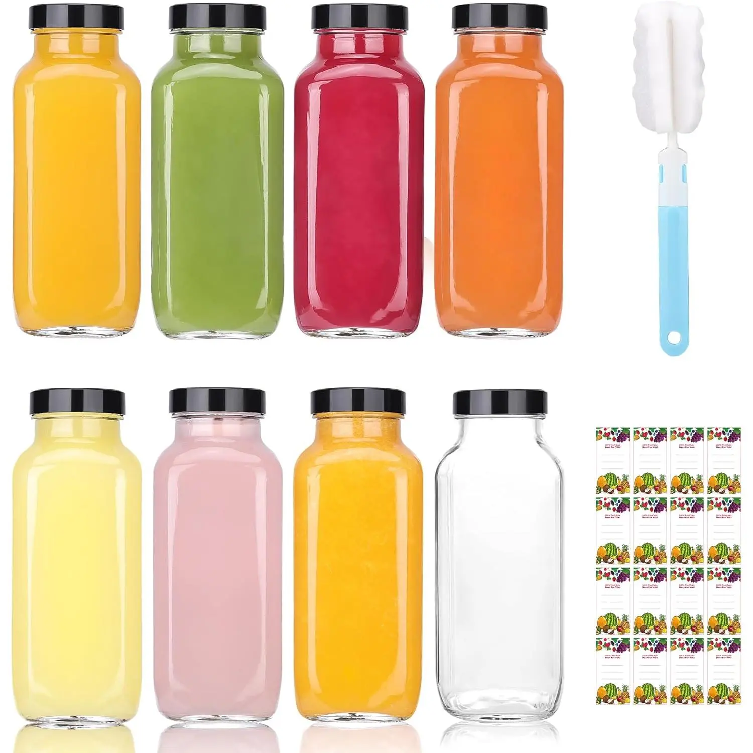 8 Pack 8 oz Glass Juice Bottles with  & Labels,  Travel Juice Storage Containers, Clear Glass Drink Jars for Juicing, Water, Ginger, Wellness Shots - Leakproof, Dishwasher Safe