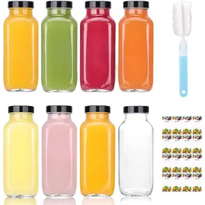 8 Pack 8 oz Glass Juice Bottles with  & Labels,  Travel Juice Storage Containers, Clear Glass Drink Jars for Juicing, Water, Ginger, Wellness Shots - Leakproof, Dishwasher Safe