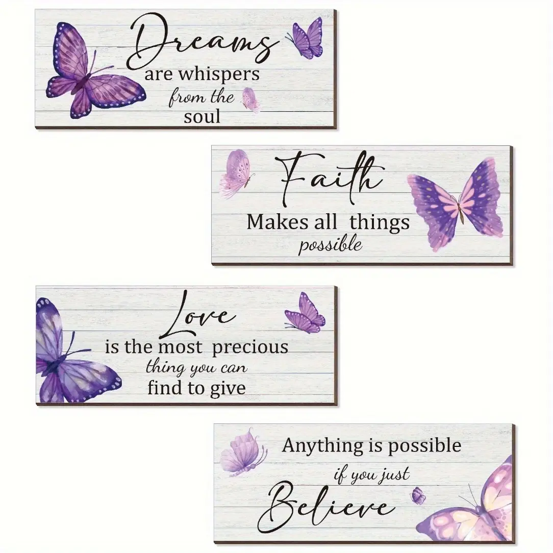 4pcs Butterfly Decorative Wall Art Set - Inspirational Purple & Pink Home Decor for Bedroom & Living Room | Uplifting Quotes & Verses Quote Prints on Wood-Like Backgrounds | Faith-Based Gift Idea for Room Decoration