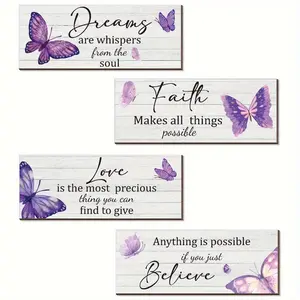 4pcs Butterfly Set - Inspirational Purple & Pink Home Decor for Bedroom & Living Room | Uplifting Quotes & Verses on Wood-Like Backgrounds | Faith-Based Gift Idea for Room Decoration | Home Decor Products