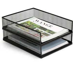 Wire Mesh Letter Trays Paper Tray Desk File Organizer, 2 Pack Stackable Metal Front-Load Documents Tray for Office Supplies File (Lengthways)