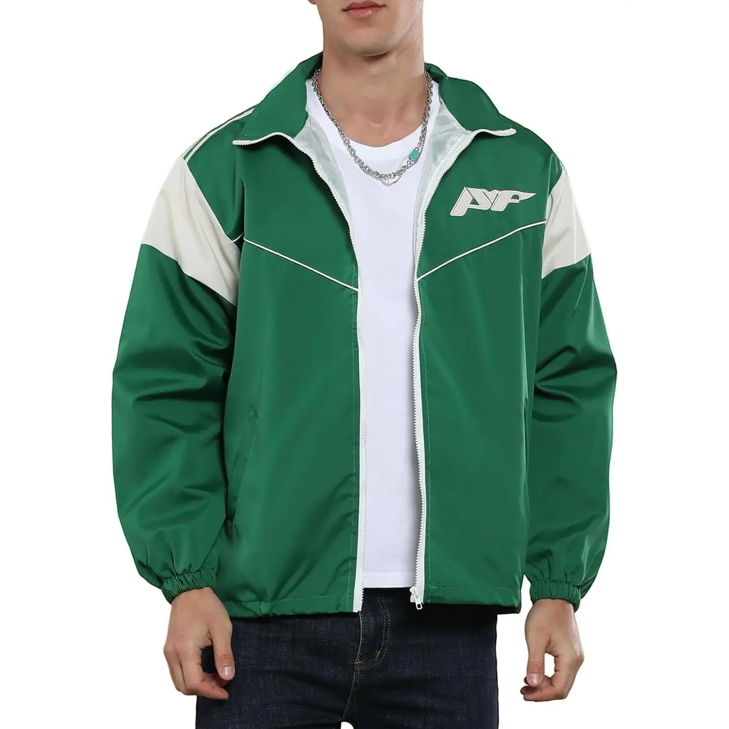 Yimoon Men's Lightweight Windbreaker Jacket Casual Zip Up Outdoor Varsity Jacket Patchwork Vintage Y2K Outerwear