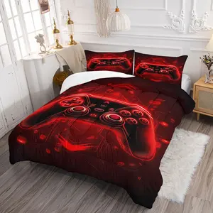 Red Neon Gaming Controller Comforter Set, Futuristic Digital Print Bedding Set, Illuminated Quilted Comforter for Gamers, Perfect for Creating a High-Tech Cyberpunk Bedroom Atmosphere, with 1 or 2 Pillowcase No Pillow Core