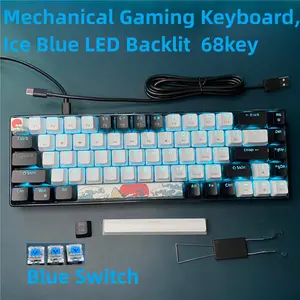 HXSJ 68-key Portable Mechanical Gaming Keyboard, Sea Blue LED Backlit Compact Mini Wired Office Keyboard with Blue Switch for Windows Laptop PC