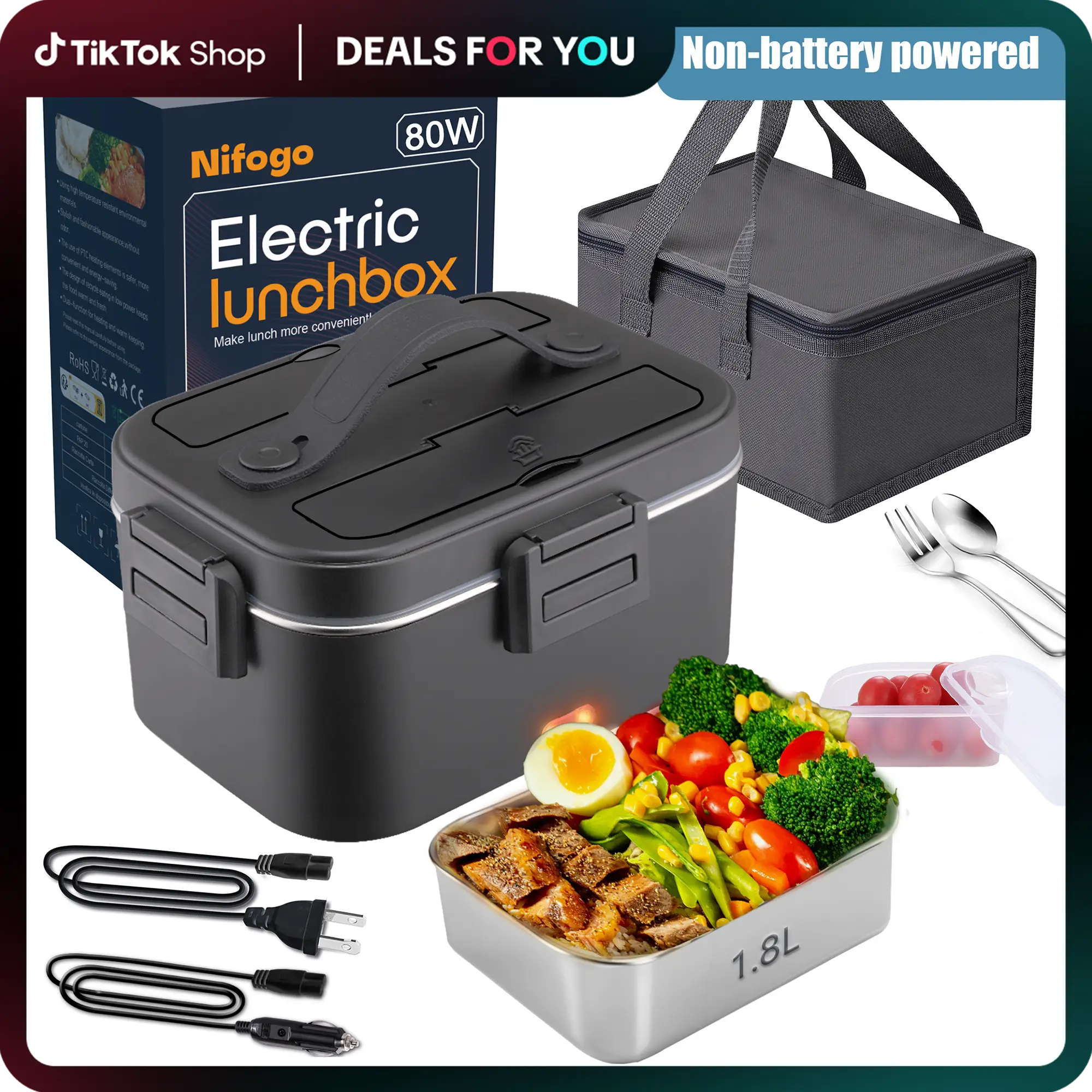 Nifogo Electric Lunch Box, 80W Food Heater 1,8L for Adults Portable Food Heater with Tableware and Lunch Bag, Car & Home Portable Electronic Food Heat