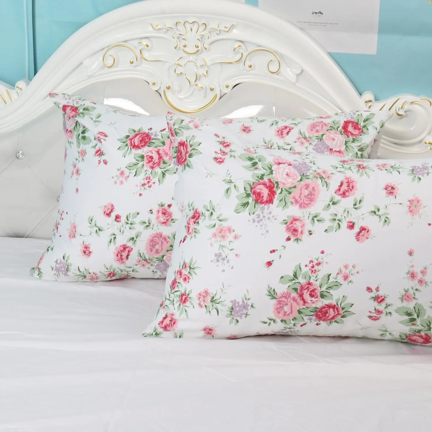 20x30" White 400 Thread Count Cotton Pillowcase Set - Red Flower Printed Standard Size, Fade Resistant, Fresh Flowers Design for Everyday Home Bedding