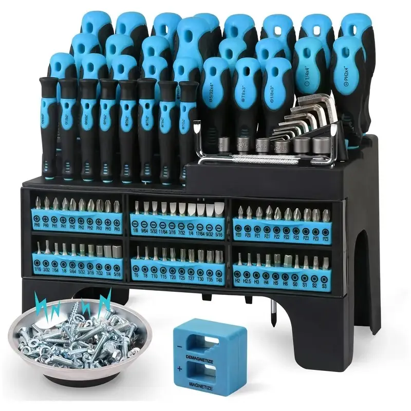 118-Piece Multi-Size Magnetic Precision Screwdriver Set - Magnetic Tips, Chrome Vanadium Steel, Non-Slip Rubber Handles, Plastic Rack, Hassle-Free Work for Electronics & Precision Tasks, Organized Workspace Support