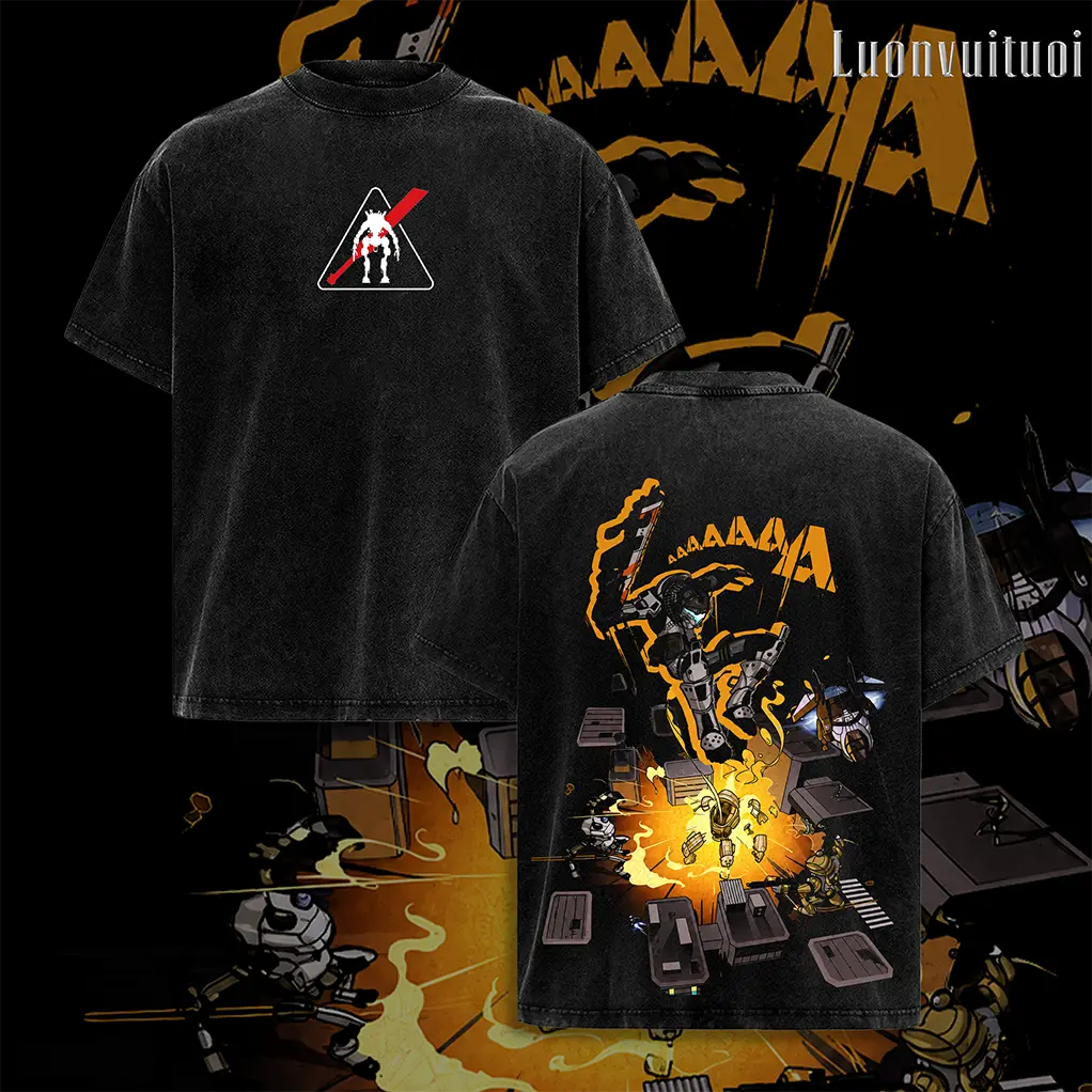 Titan Fall Double Printed Oversize Lightweight Acid Washed Tee Game Graphic T-Shirt for Men Casual Day Wear Cotton Fabric - Jeans Vintage Gaming Retro Black Tee Oversized Heavyweight Cotton T-Shirts Love Menswear