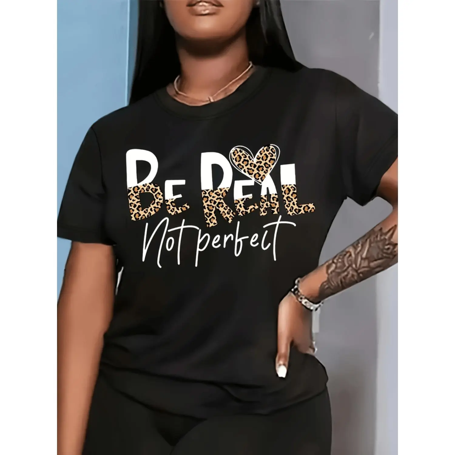 Chic Women's Casual TShirt Featuring Leopard and Heart Prints Made from Comfortable Polyester Machine Washable Round Neck
