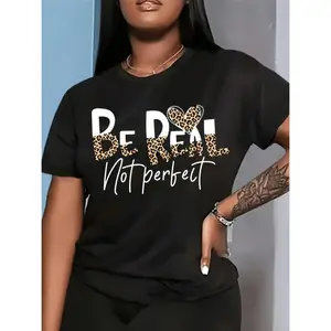 Chic Women's Casual TShirt Featuring Leopard and Heart Prints Made from Comfortable Polyester Machine Washable Round Neck