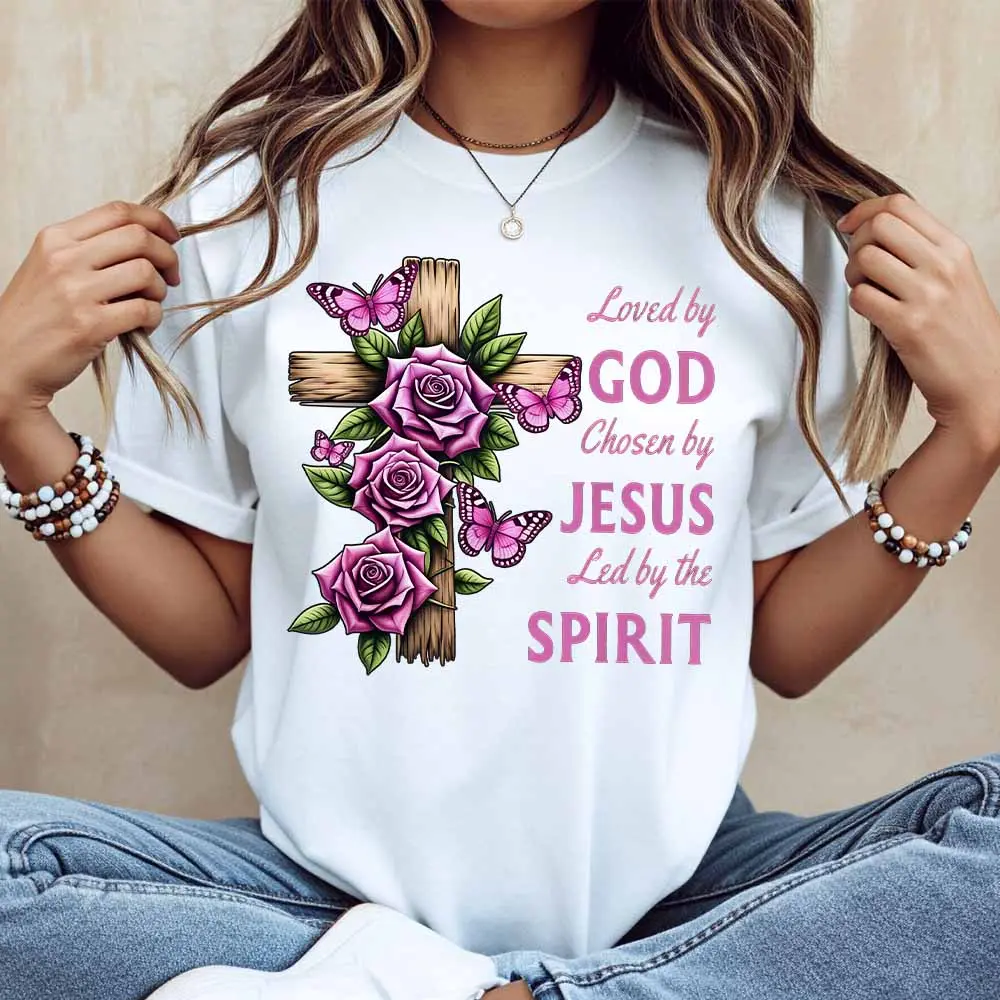 Cross With Roses And Butterflies Loved By God Chosen By Jesus Led By The Spirit Print T Shirt Women Casual Short Sleeve Top