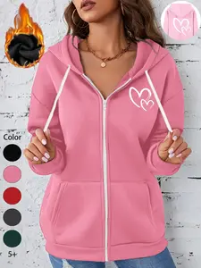 Trendy Women's Hoodie with Fun Heart Print, Comfortable Fitted Zip-Up Jacket for Fall & Winter, Casual Sportswear for Outdoor Activities